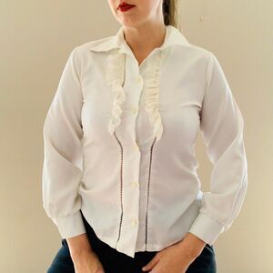 Vintage 1970s White‎ Ruffle Button Down Shirt